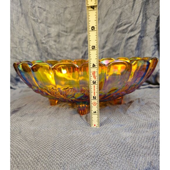 Vintage Marigold Carnival Glass Footed Bowl With Scalloped Edge & Leaf Design 12 - Picture 2 of 8